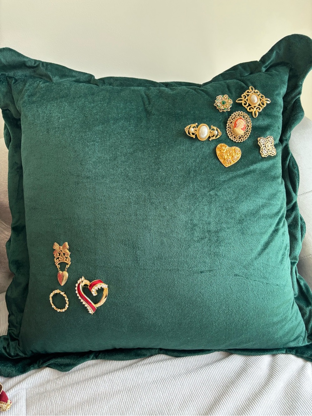 Velvet Decorative Throw Pillow in Emerald Green with Vintage Brooches